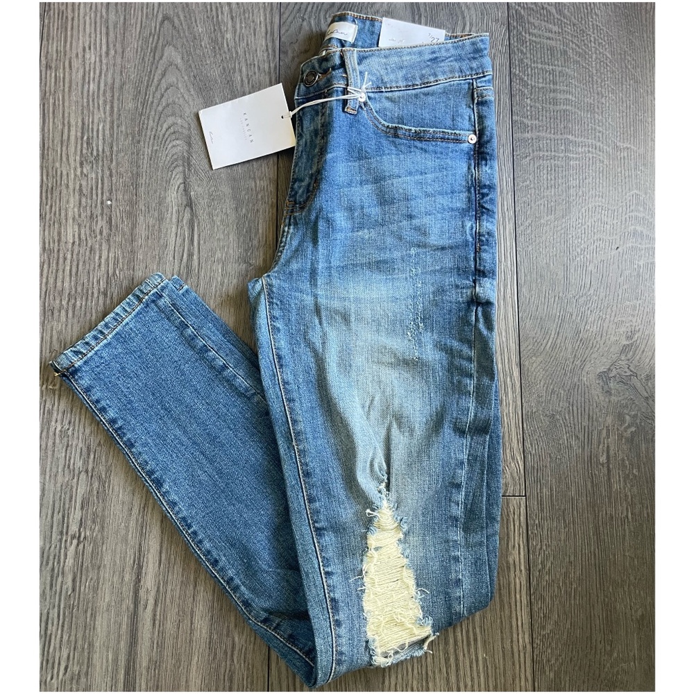 027 Kan Can Medium Wash Mid Rise Distressed Skinny Denim Jeans - Picture 4 of 4